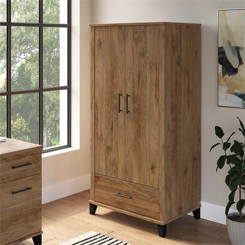 Pemberly Row Tall Storage Cabinet with Doors in Fresh Walnut - Engineered Wood