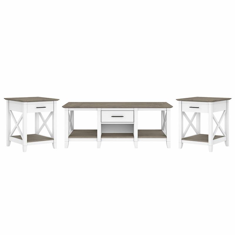 Pemberly Row Coffee Table with End Tables in White and Gray - Engineered Wood