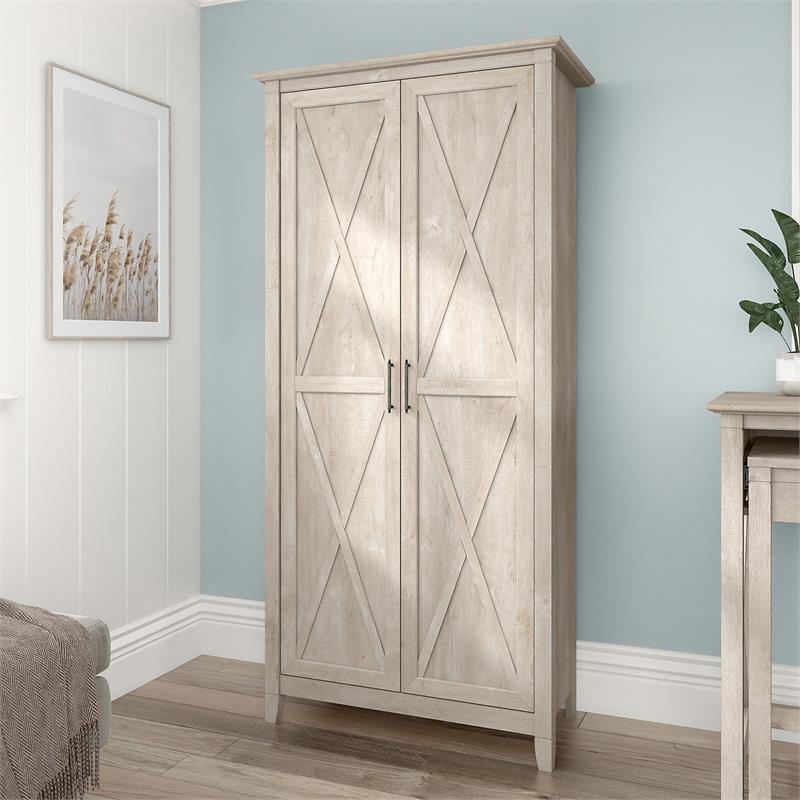Pemberly Row Tall Storage Cabinet with Doors in Washed Gray - Engineered Wood