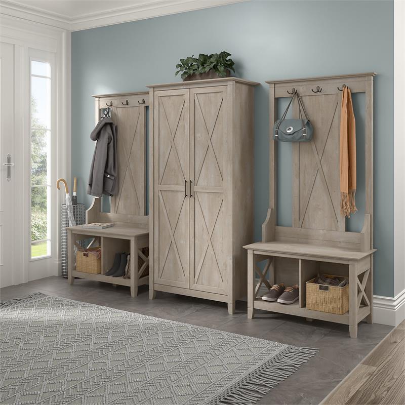 Pemberly Row Tall Storage Cabinet with Doors in Washed Gray - Engineered Wood