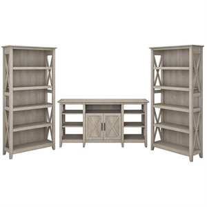 Pemberly Row Transitional Wood Tall TV Stand with 2 Bookcases in Washed Gray