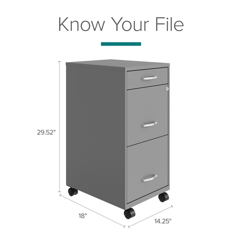 Pemberly Row 3 Drawers Vertical Silver Metal Filing Cabinet Pre-assembled