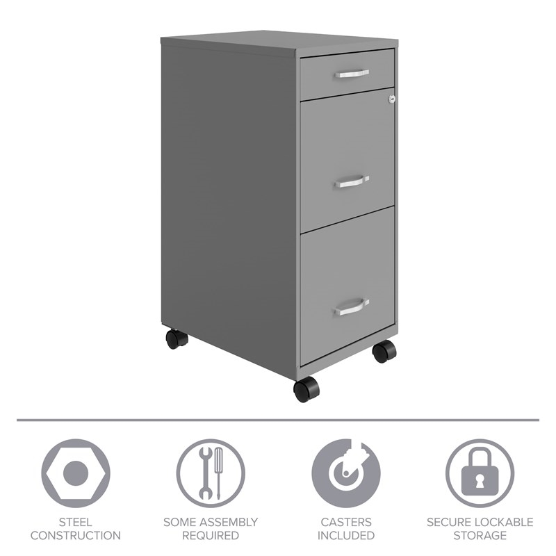 Pemberly Row 3 Drawers Vertical Silver Metal Filing Cabinet Pre-assembled