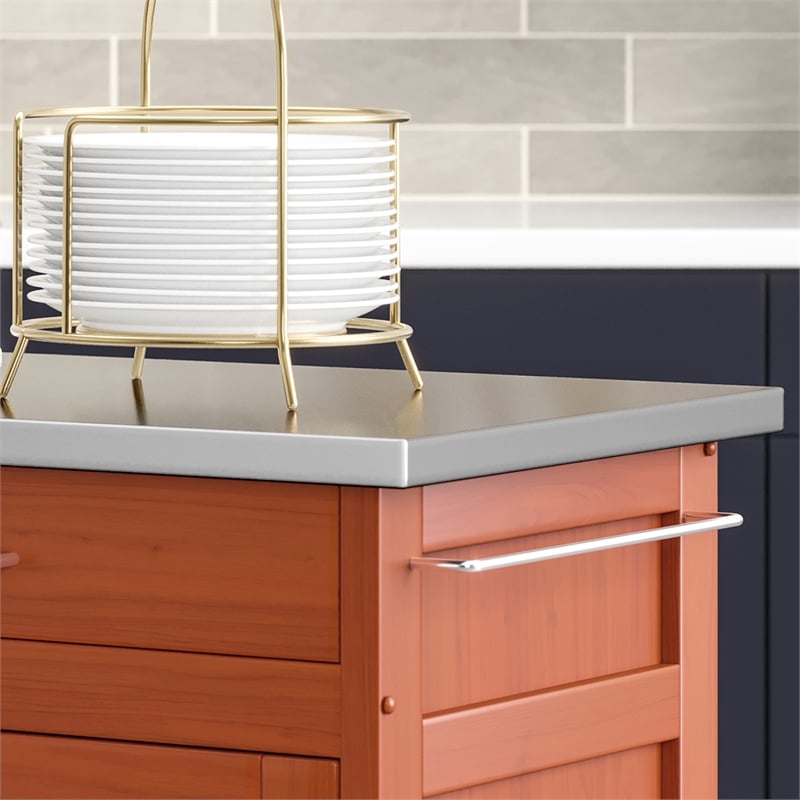 Pemberly Row Traditional Wood Rolling Kitchen Cart in Brown Finish