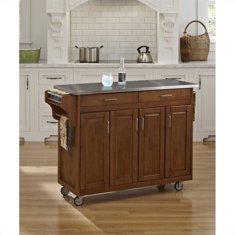 Pemberly Row Traditional Wood Rolling Kitchen Cart in Brown Finish