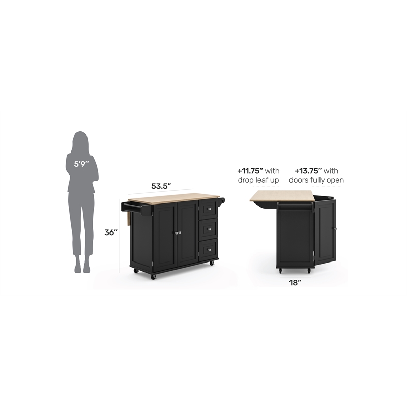 Pemberly Row Mobile Kitchen Island Cart w/ Wood Drop Leaf Breakfast Bar in Black