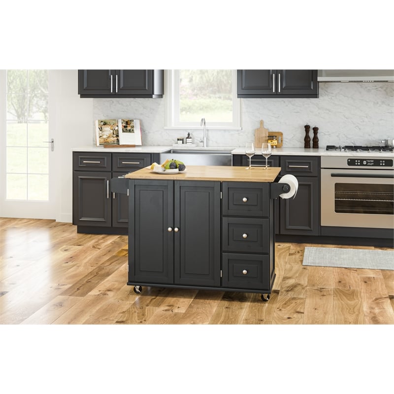 Pemberly Row Mobile Kitchen Island Cart w/ Wood Drop Leaf Breakfast Bar in Black