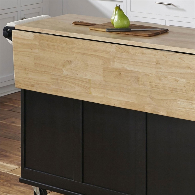 Pemberly Row Mobile Kitchen Island Cart w/ Wood Drop Leaf Breakfast Bar in Black