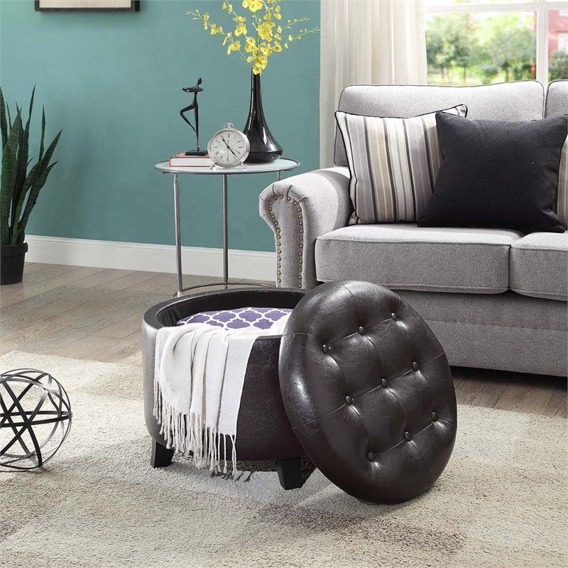 Pemberly Row Modern Faux Leather Round Ottoman in Espresso Finish
