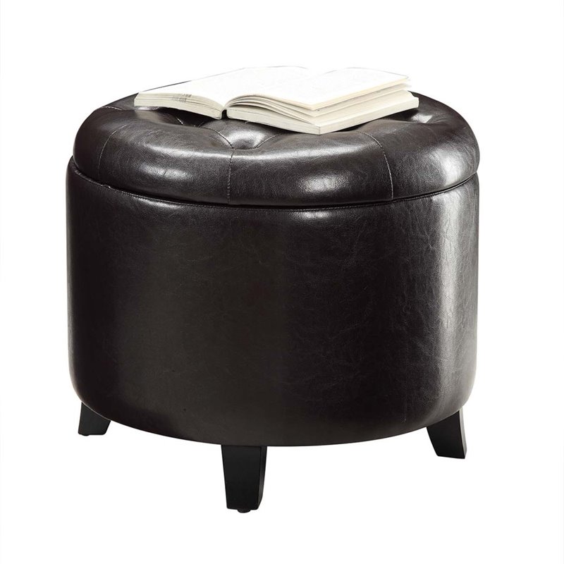 Pemberly Row Modern Faux Leather Round Ottoman in Espresso Finish