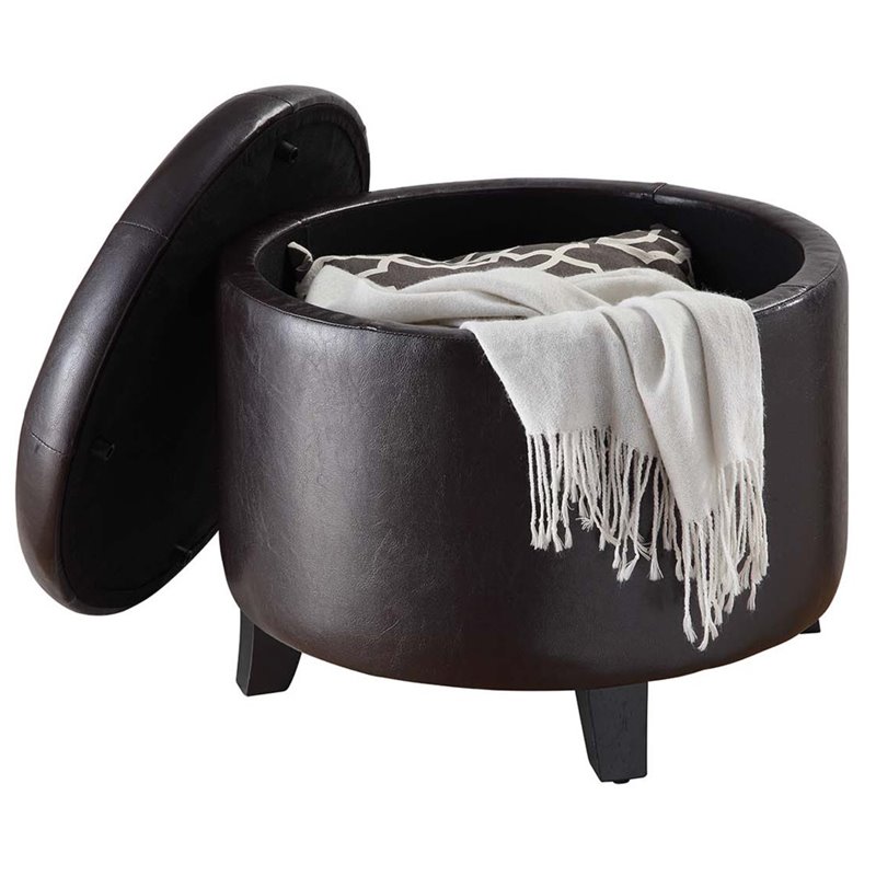 Pemberly Row Modern Faux Leather Round Ottoman in Espresso Finish