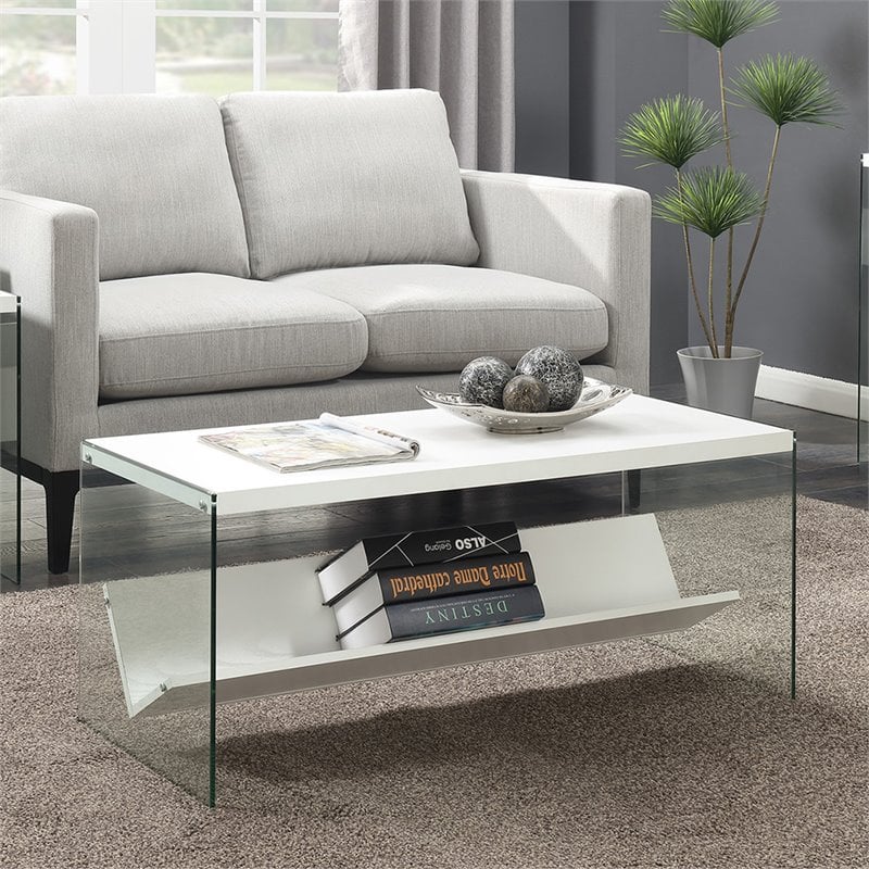 Pemberly Row Coffee Table in White Wood Finish and Clear Glass