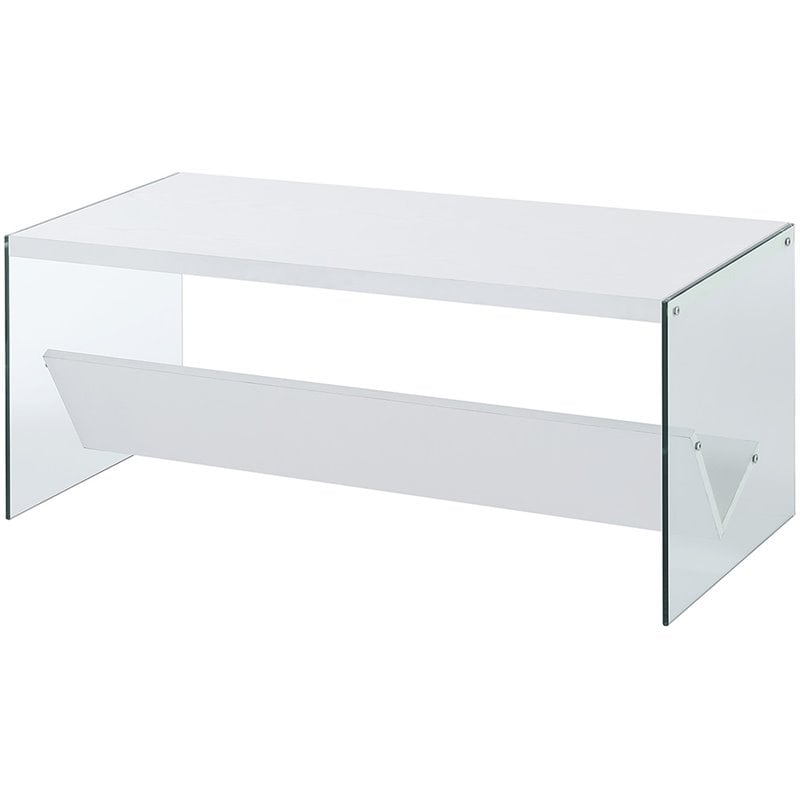 Pemberly Row Coffee Table in White Wood Finish and Clear Glass
