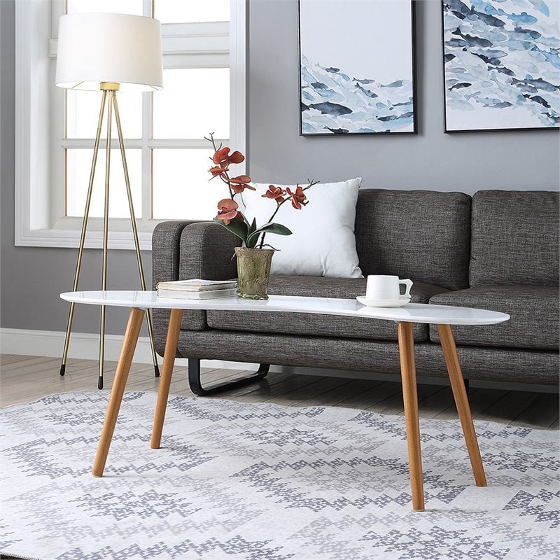 Pemberly Row Bean-Shaped Coffee Table in Glossy White Wood Finish