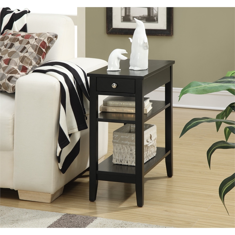 Pemberly Row Three-Tier End Table with Drawer in Black Wood Finish