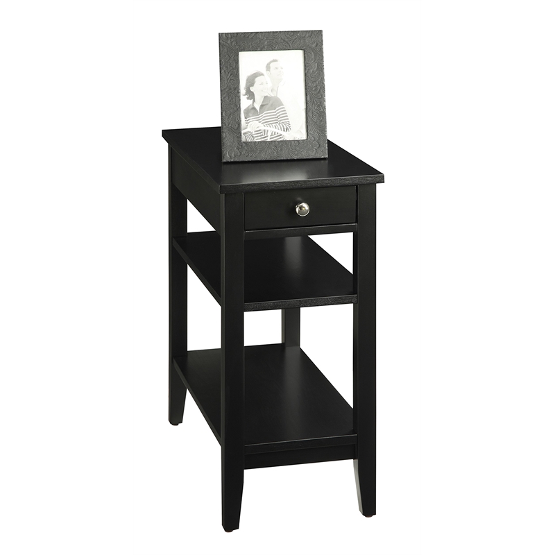 Pemberly Row Three-Tier End Table with Drawer in Black Wood Finish