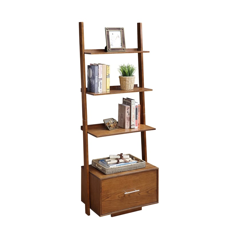 Pemberly Row Ladder Bookcase with File Drawer in Caramel Wood Finish