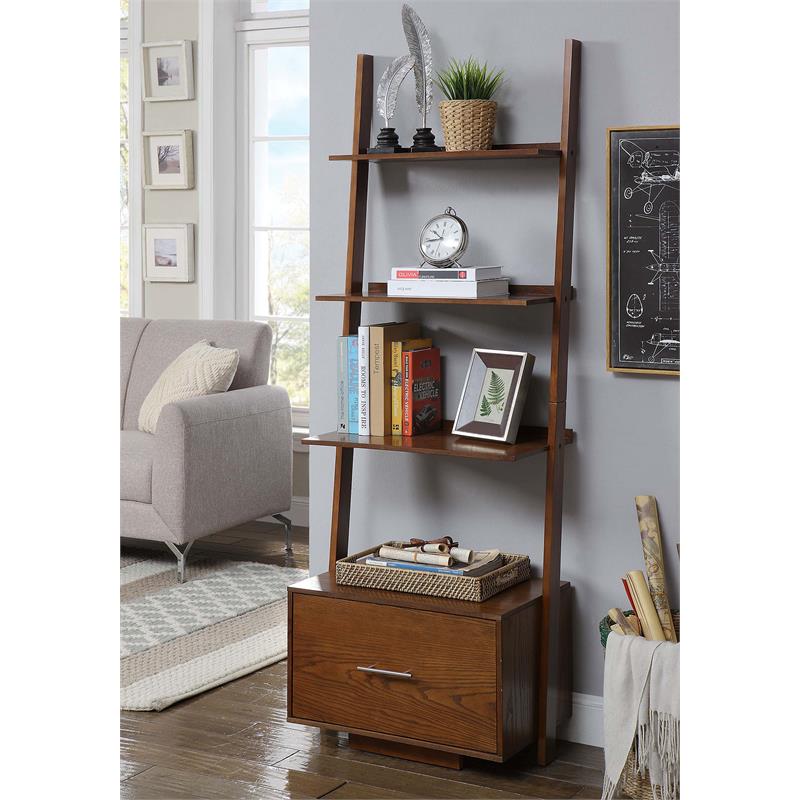 Pemberly Row Ladder Bookcase with File Drawer in Caramel Wood Finish