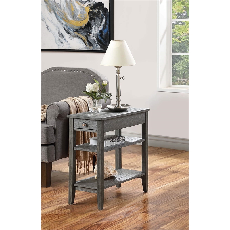 Pemberly Row Three-Tier End Table with Drawer in Gray Wood Finish