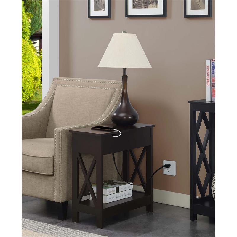 Pemberly Row Flip Top End Table with Charging Station in Espresso Wood Finish