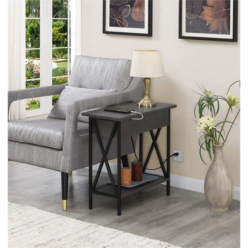 Pemberly Row Flip Top End Table Charcoal Gray Wood & Black Frame
