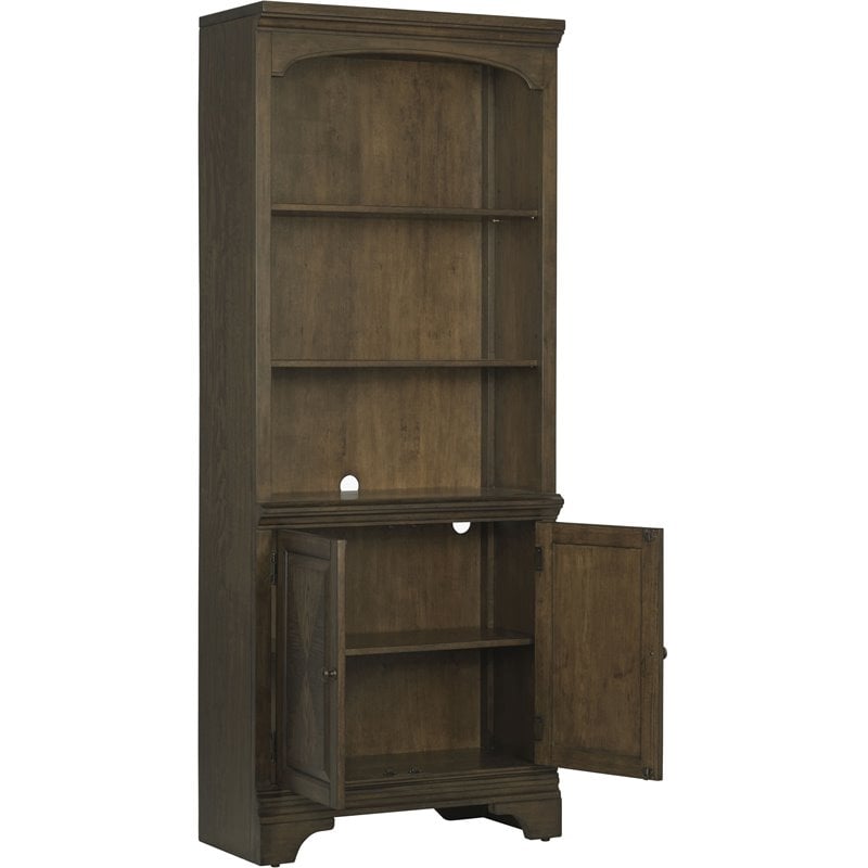Pemberly Row Modern Bookcase with Cabinet in Burnished Oak Finish