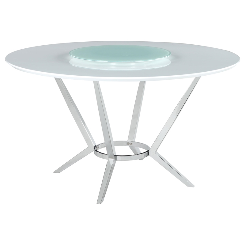 Pemberly Row Round Dining Table with Lazy Susan in White and Chrome