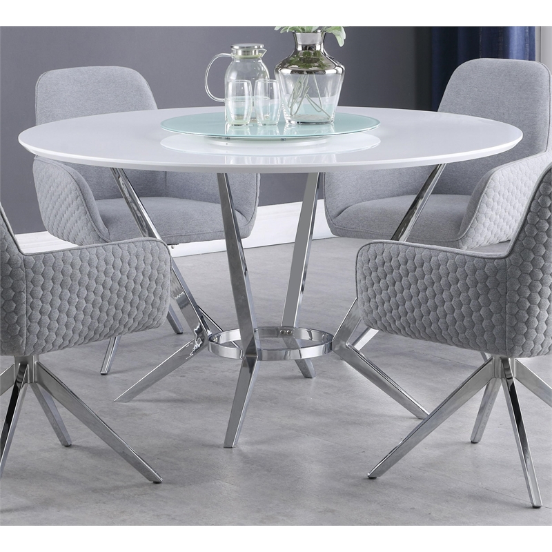 Pemberly Row Round Dining Table with Lazy Susan in White and Chrome