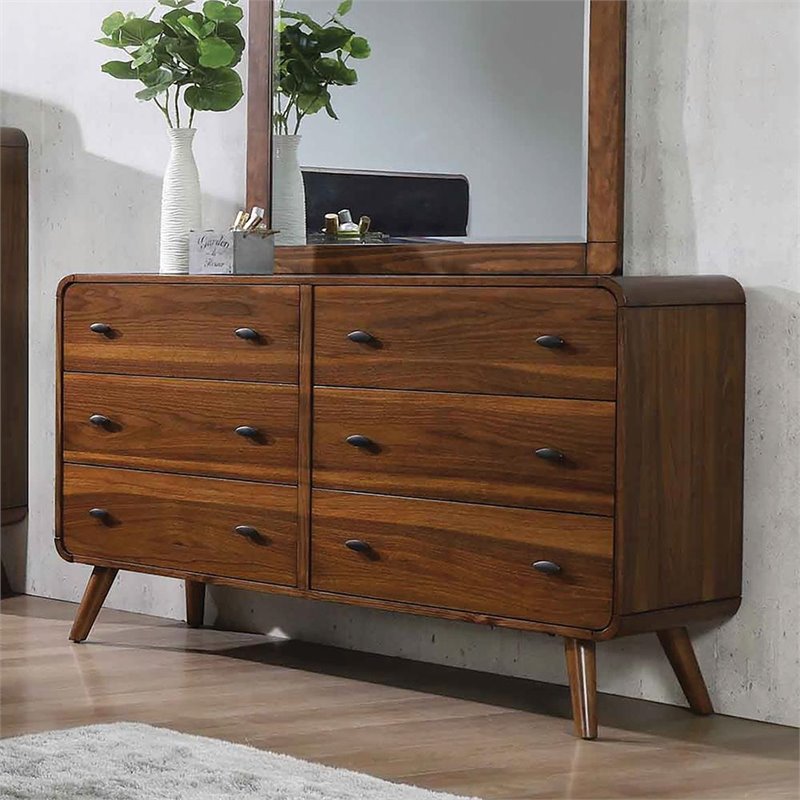 Pemberly Row Mid-Century Modern 6 Drawer Double Dresser in Dark Walnut