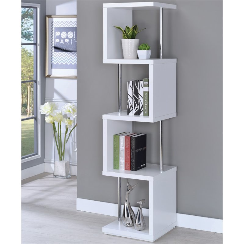 Pemberly Row 4 Shelf Contemporary Wooden Geometric Snaking Bookcase in White