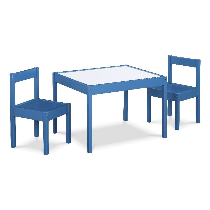 Pemberly Row 3-Piece Wood Dry Erase Kids Table & Chair Set in Dark Blue