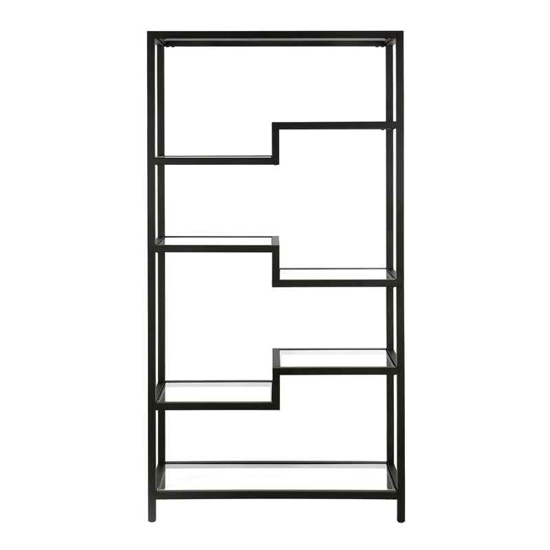 Pemberly Row 5-Shelf Geometric Glass & Steel Metal Bookcase in Blackened Bronze