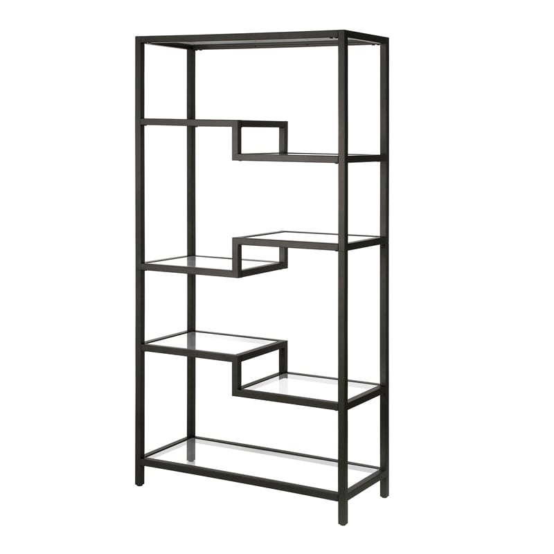Pemberly Row 5-Shelf Geometric Glass & Steel Metal Bookcase in Blackened Bronze