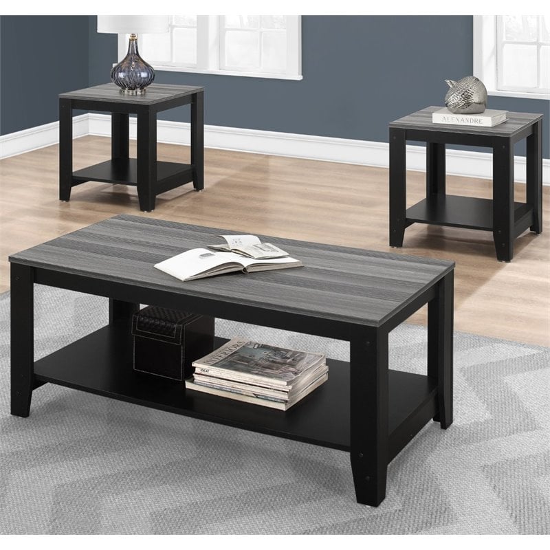 Pemberly Row Table Set 3pc Set Coffee End Side Accent Living Room Laminate Black