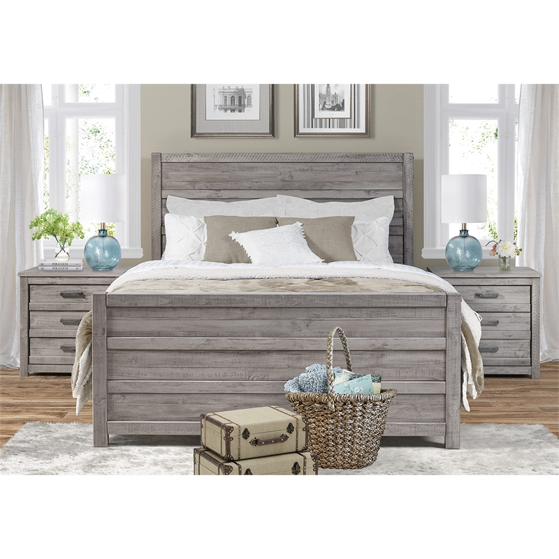 Pemberly Row Carmel Solid Wood Queen Bed in Antique Gray Finish