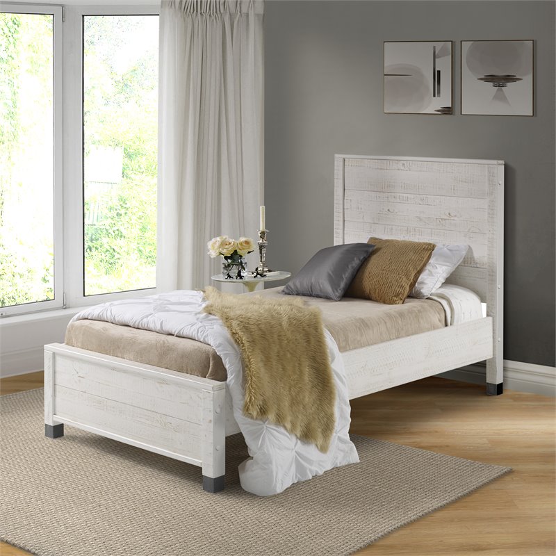 Pemberly Row Solid Wood Twin Platform Bed in Shabby White Finish