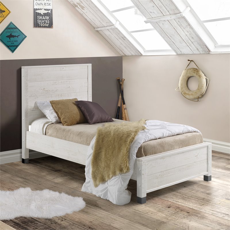 Pemberly Row Solid Wood Twin Platform Bed in Shabby White Finish