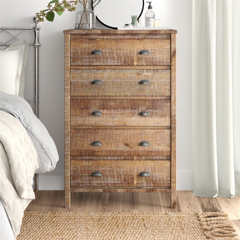 Pemberly Row Solid Wood 5-Drawer Bedroom Chest in Barnwood Finish