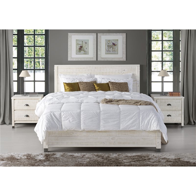 Pemberly Row Solid Wood Queen Platform Bed in Shabby White Finish