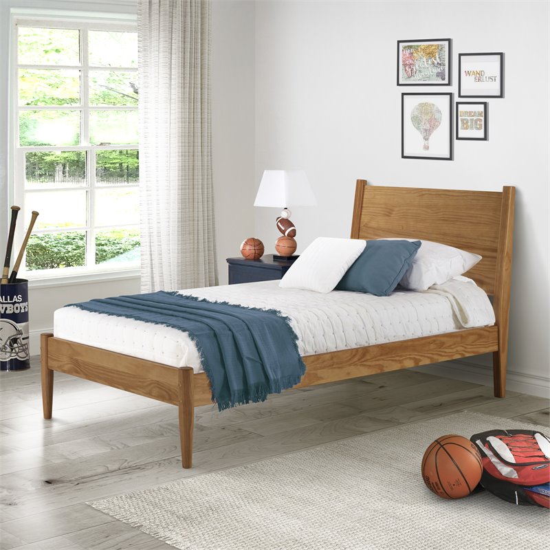 Pemberly Row Mid-Century Wood Twin Panel Bed in Castanho Brown