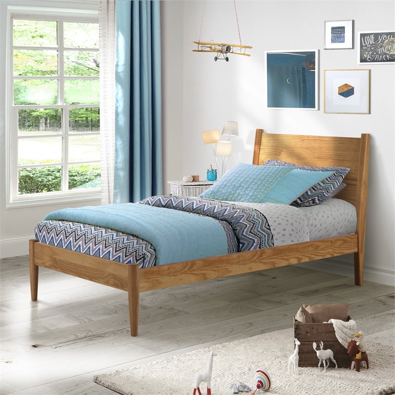 Pemberly Row Mid-Century Wood Twin Panel Bed in Castanho Brown
