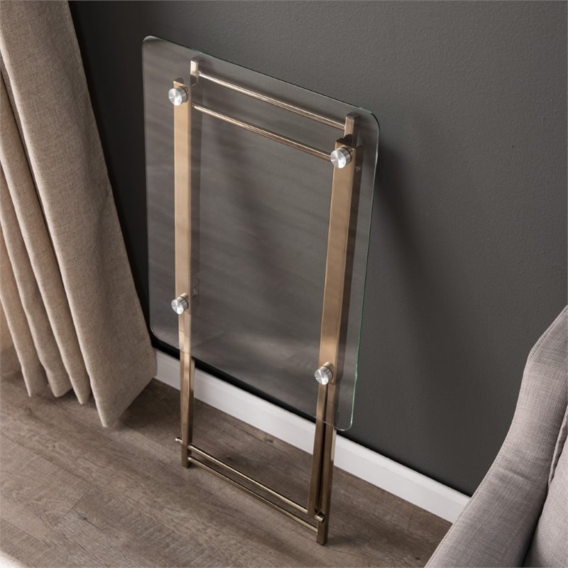 Pemberly Row Folding Glass Top Tray Table in Champagne Copper