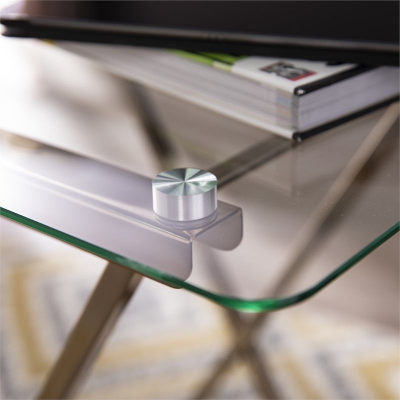 Pemberly Row Folding Glass Top Tray Table in Champagne Copper