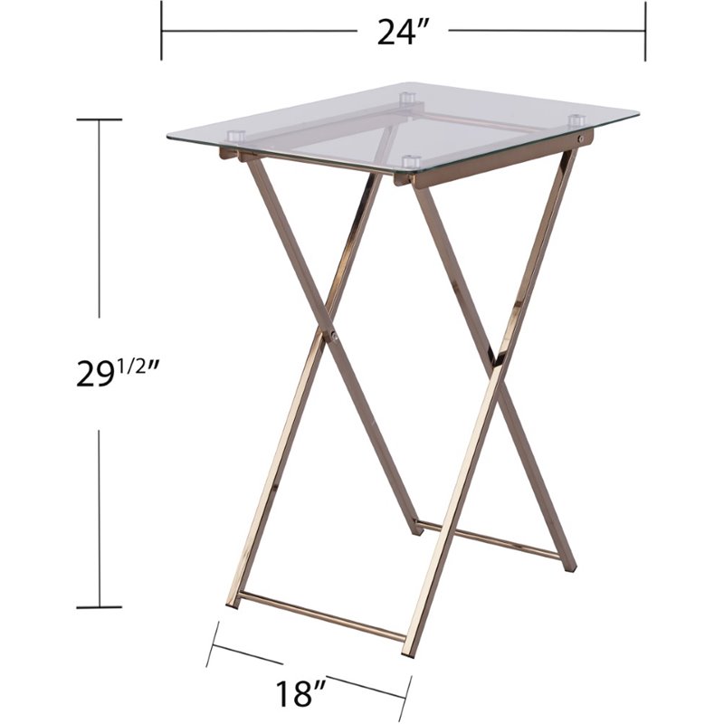 Pemberly Row Folding Glass Top Tray Table in Champagne Copper