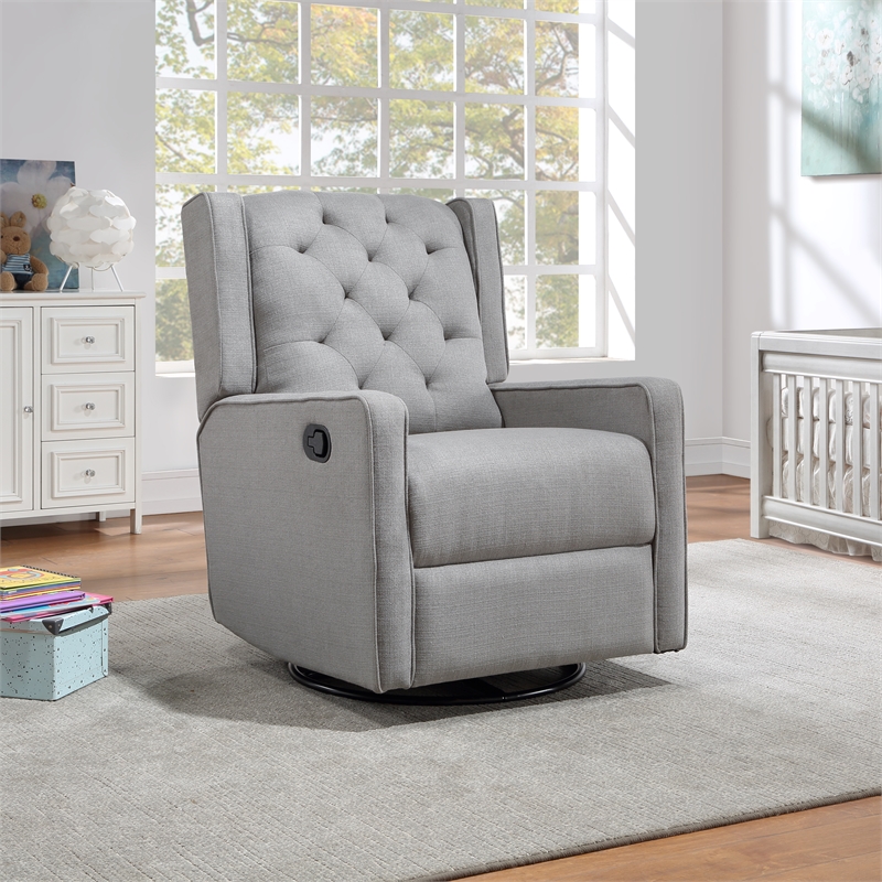 Pemberly Row Wood Fabric Tufted Gliding Swivel Recliner in Woven Gray Finish