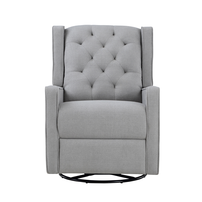 Pemberly Row Wood Fabric Tufted Gliding Swivel Recliner in Woven Gray Finish