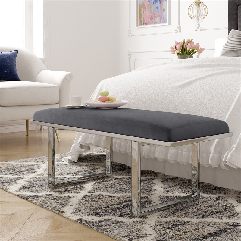 Pemberly Row Modern Remi Velvet Upholstered Bench French Dark Gray
