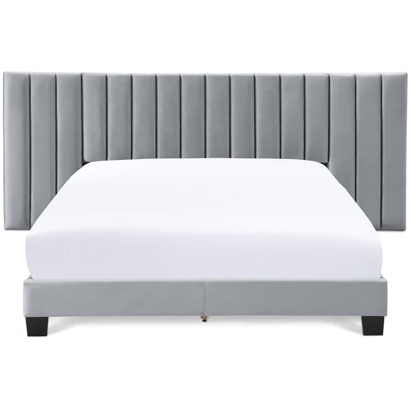 Pemberly Row Gramercy Channel Tufted Upholstered Bed Queen Size Grey Velvet