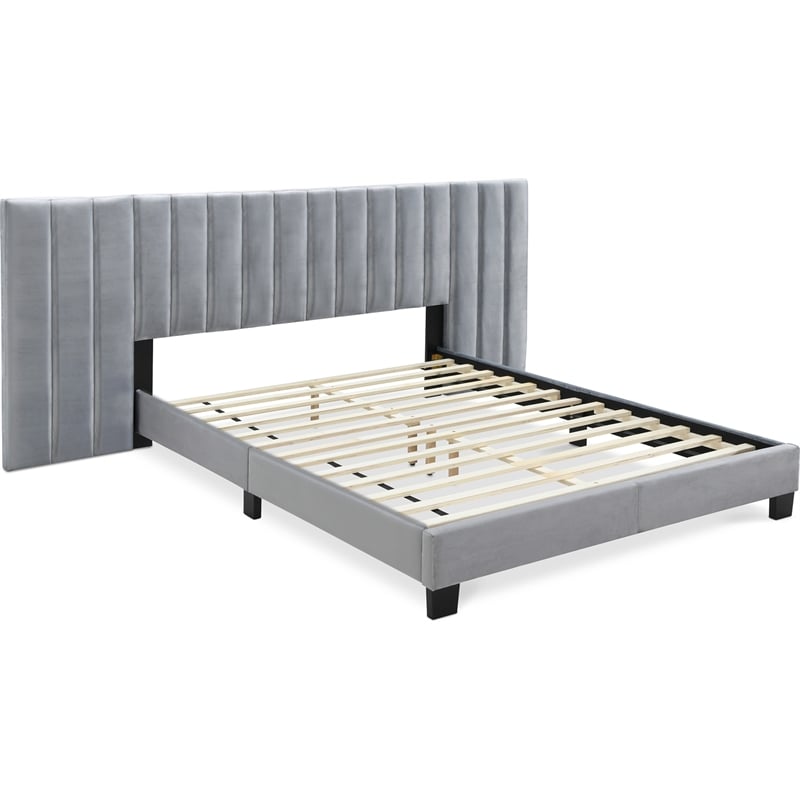 Pemberly Row Gramercy Channel Tufted Upholstered Bed Queen Size Grey Velvet