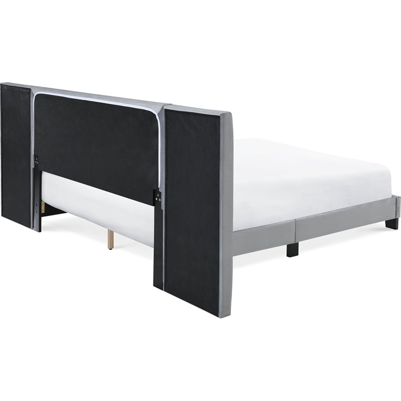 Pemberly Row Gramercy Channel Tufted Upholstered Bed Queen Size Grey Velvet